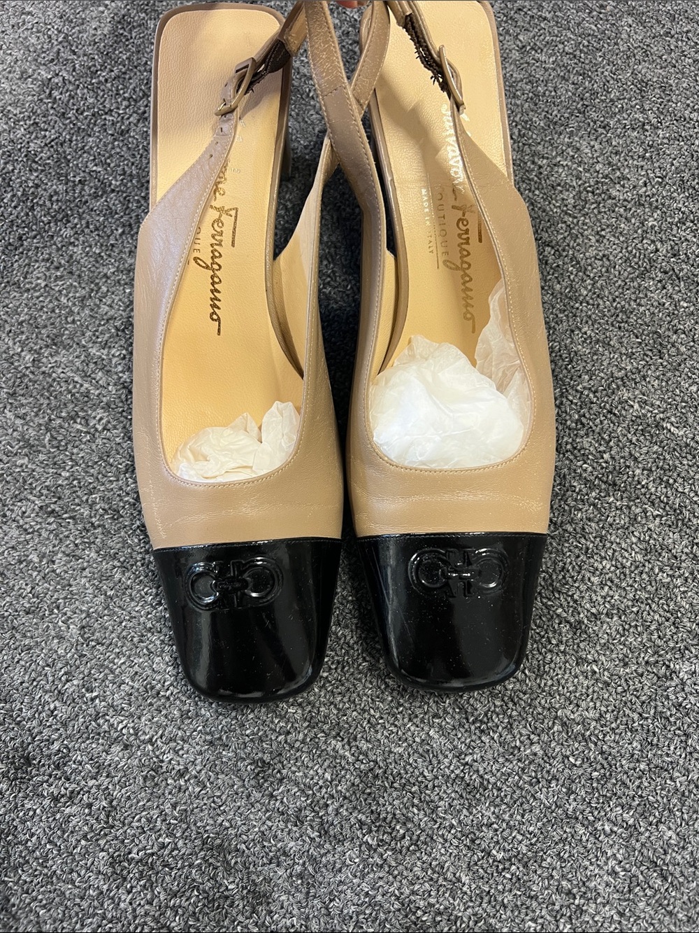 Salvatore Ferragamo Beige Leather Slingback Pumps with Black Patent Cap Toe